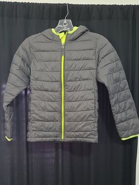 Amazon Essentials Gray Puffer Jacket with Neon Yellow Trim